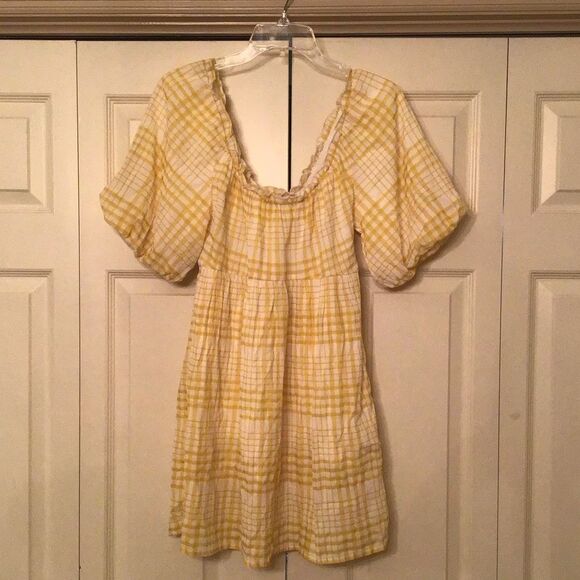 Lush Puff Sleeve Sunshine Plaid Gingham Mini Dress in Yellow - Picture 3 of 6